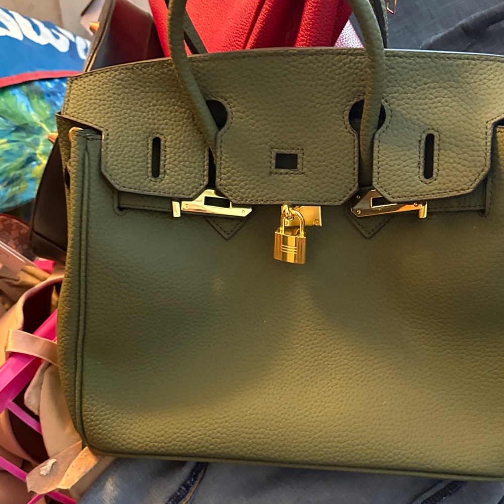 Olive Green Leather Tote Bag with Gold Hardware